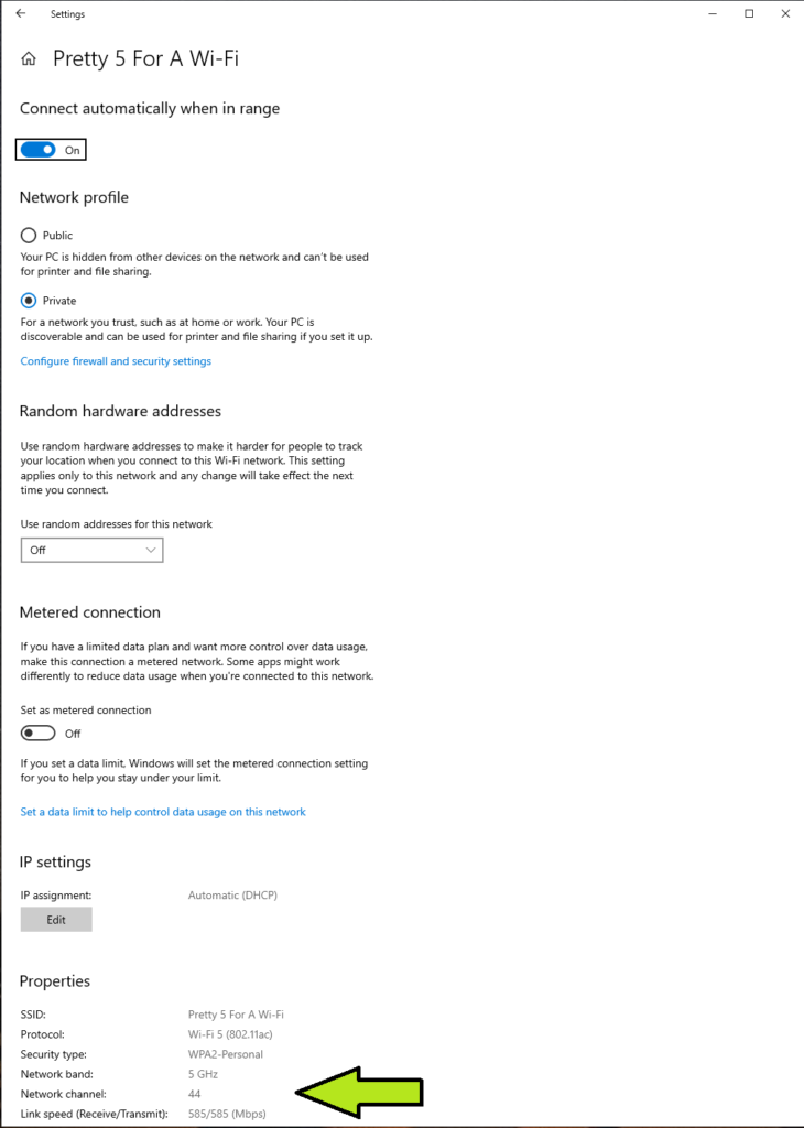 Settings Window of Windows 10, showing Network Properties. an arrow is pointing at the bottom towards Network Band, which shows 5Ghz, and Link Speed, which shows 585Mbps.